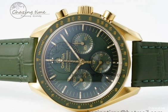 0404 Speedmaster Moonwatch in Moonshine Gold YG RMF Best Edition Green Dial on Green Leather Strap Manual Chrono EasyCare 7832